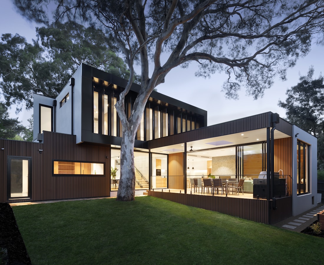Modern renovated home exterior at dusk